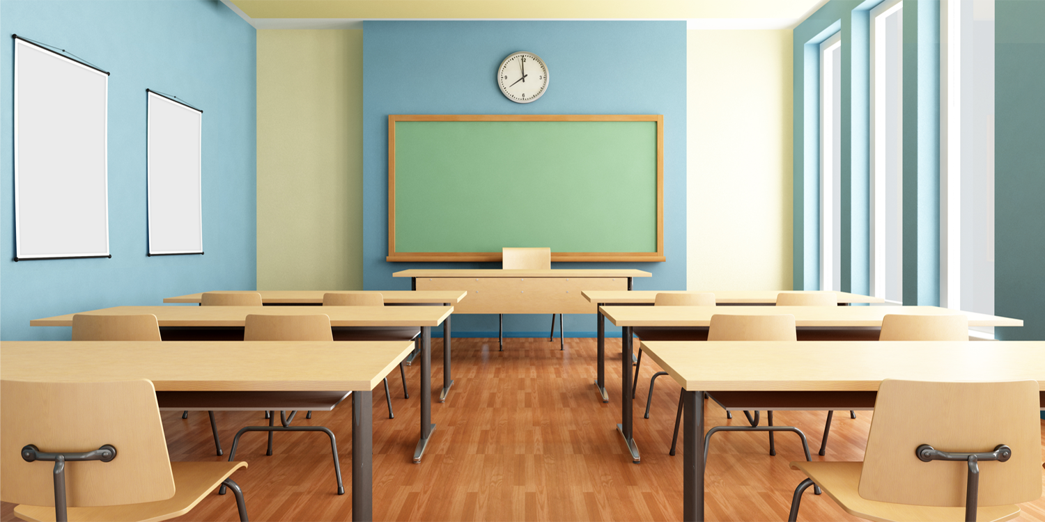 Classroom with Desks and Chalkboard