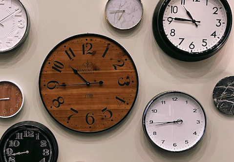 Multiple clocks on a wall